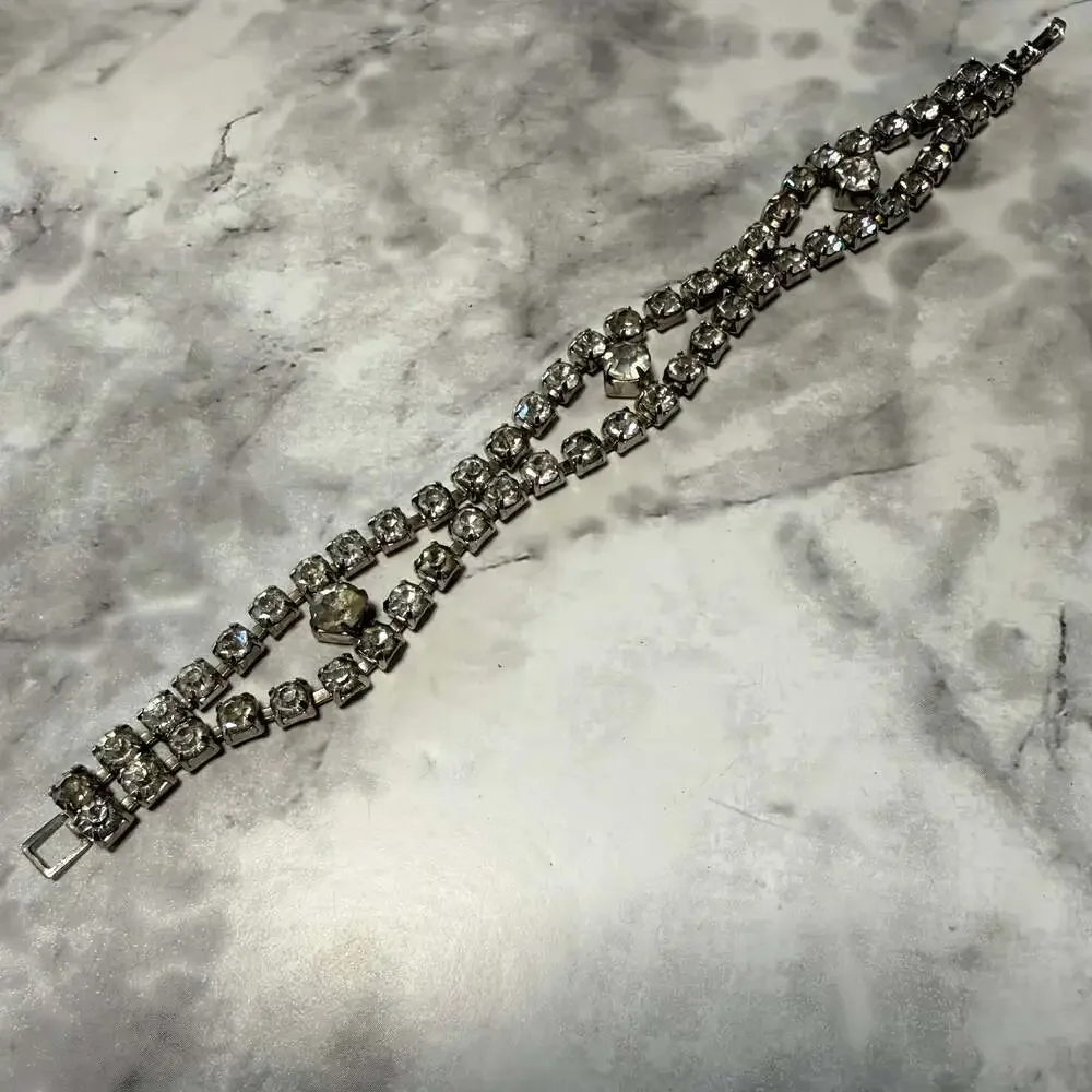 Vintage‎ 1950s Clear Rhinestone Double Strand Bracelet with Octagon Centerpiece